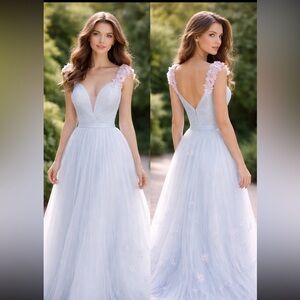 Pastel Baby blue floral sleeveless formal long gown